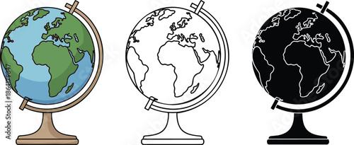 Globe silhouette & Outline and illustration set isolated on transparent background
