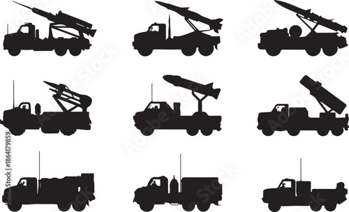 Self-Propelled Missile Artillery and Radar Silhouettes Vector, Mobile Defense Systems and Launch Vehicles for Security and Threat Graphics