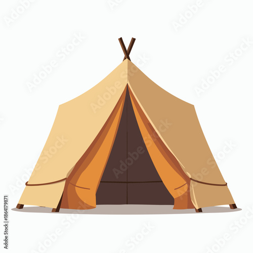 A simple cartoon illustration of a classic beige camping tent with an open entrance, featuring crossed poles and ropes, on a white background.