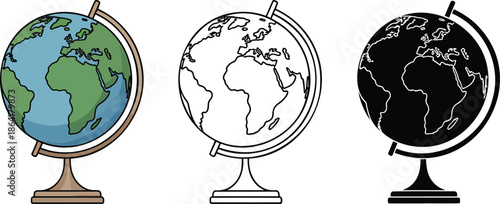 Globe silhouette & Outline and illustration set isolated on transparent background