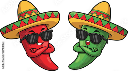 Cool red and green chili pepper characters, sombrero hat, sunglasses, Mexican food mascot, cartoon vector illustration.