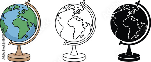 Globe silhouette & Outline and illustration set isolated on transparent background