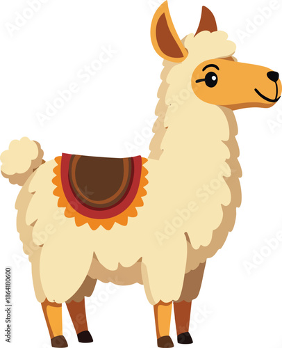A cute cartoon llama with cream wool and a decorative saddle standing and looking right.