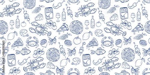 Seamless Mediterranean food pattern seafood, pizza, cheese, wine, olives, tomatoes, lemons and appetizers drawn as blue line icons on a white background for packaging, textiles and menus