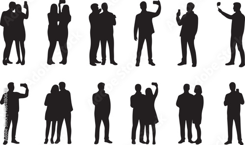 Silhouette group of people selfie different poses silhouette vector set on white background