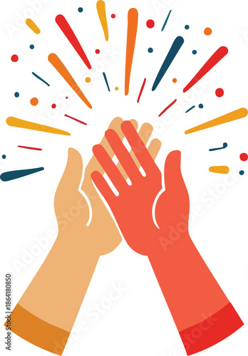 Two hands clapping or high-fiving with colorful celebratory bursts, symbolizing success, teamwork, or applause.