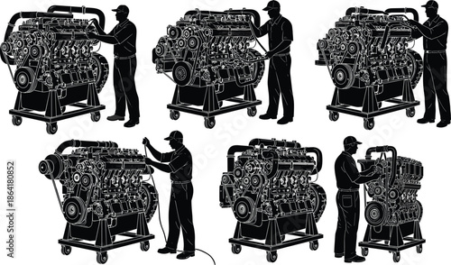 Diesel engine mechanic silhouette set, professional technician repairing large truck motor, industrial automotive service, heavy machinery maintenance, engineering worker illustration,