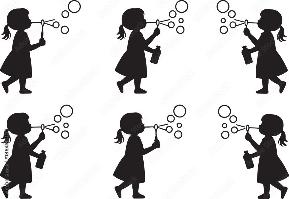 Ταπετσαρία Silhouette of little girl blowing soap bubbles, joyful childhood moment, outdoor