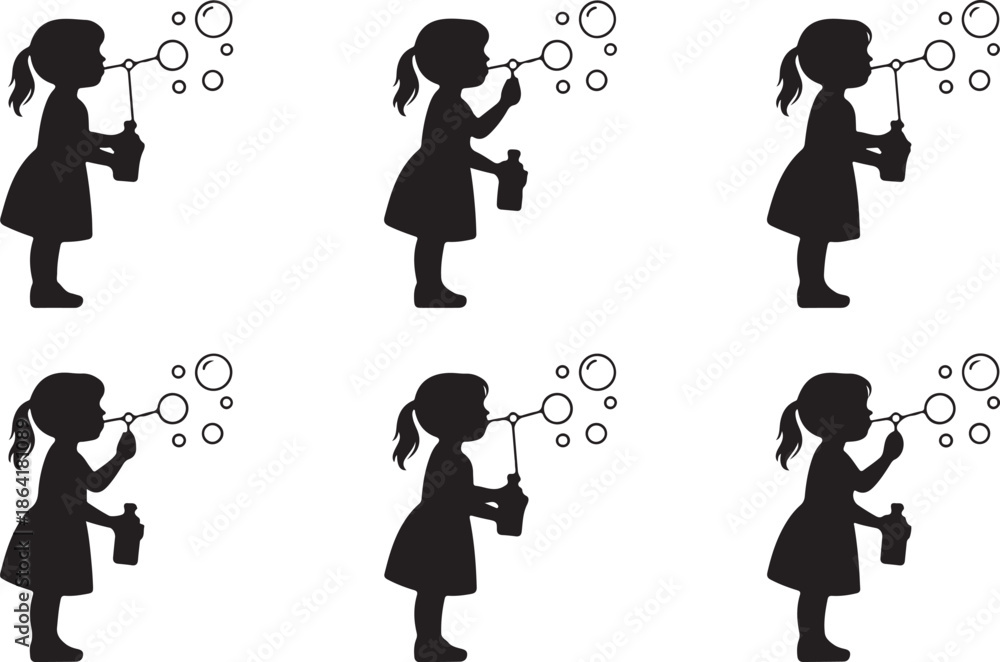 Φωτογραφία Silhouette of little girl blowing soap bubbles, joyful childhood moment, outdoor