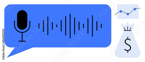 Blue speech bubble with sound waves and microphone, representing voice technology. Includes data analysis chart and financial bag symbol. Ideal for AI, fintech, analytics, voice recognition