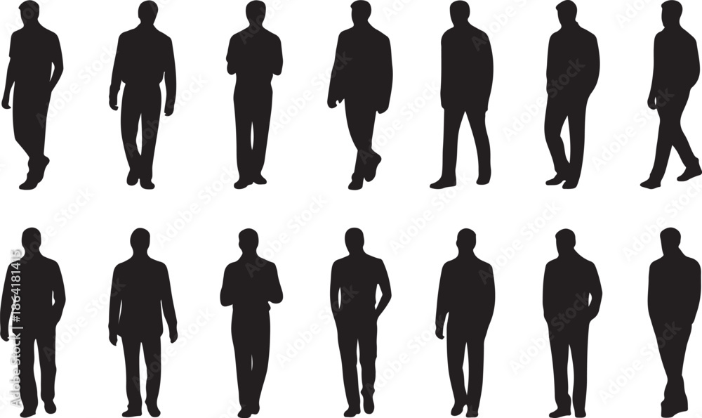 Αυτοκόλλητο Silhouettes of a man walking and standing in casual posture, side view and front