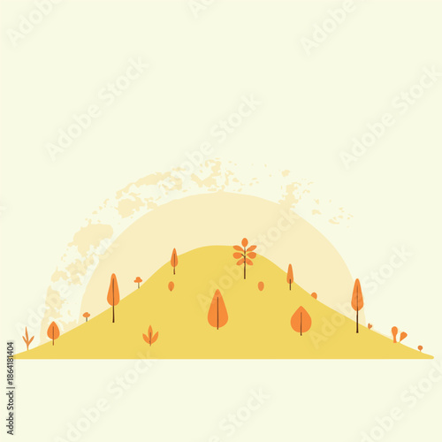 Minimalist flat design illustration of an autumnal hill with stylized trees and warm colors under a soft sky.