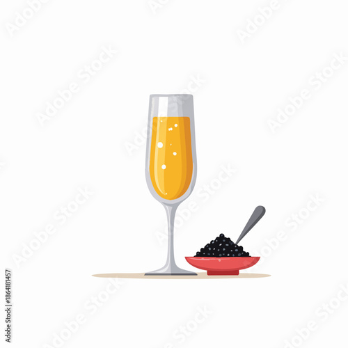 A glass of champagne or sparkling wine with a bowl of black caviar and a spoon on a white background.