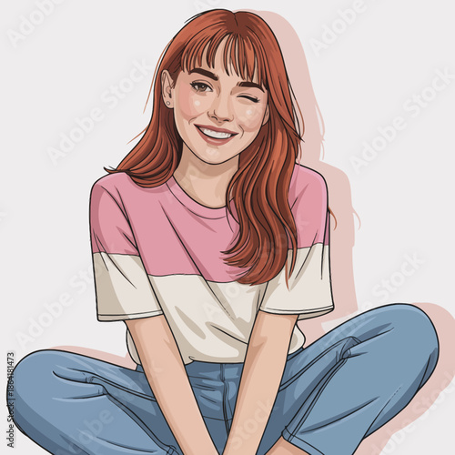 A vibrant illustration of a playful young woman winking at the viewer while sitting cross-legged, radiating joy and confidence in a casual, friendly environment that invites connection.
