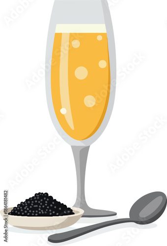 A champagne flute filled with a sparkling yellow drink, next to a small bowl of black caviar and a spoon, on a white background.