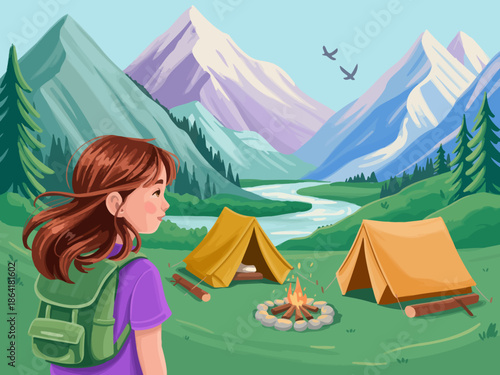 A young girl gazes at the beautiful landscape while enjoying a camping trip, with tents and a fire in view, reflecting the spirit of adventure and connection to nature.