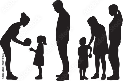 Silhouettes of adults and children interacting in family and caregiving scenes, showing parenting, observation, bonding, and relationship vector illustration