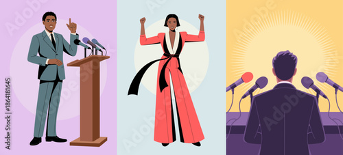 This engaging image portrays a diverse group of individuals demonstrating confidence and vigor in public speaking, emphasizing empowerment, diversity, and leadership.