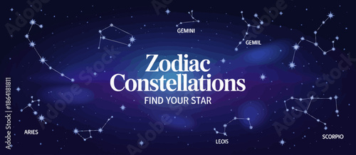 This vibrant image features various zodiac constellations against a starry backdrop, inviting exploration of astrology, cosmic wonders, and personal insights into the universe's mysteries.
