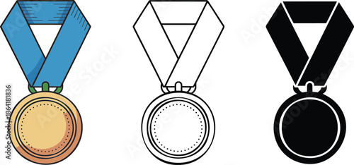 Gold medal silhouette & Outline and illustration set isolated on transparent background