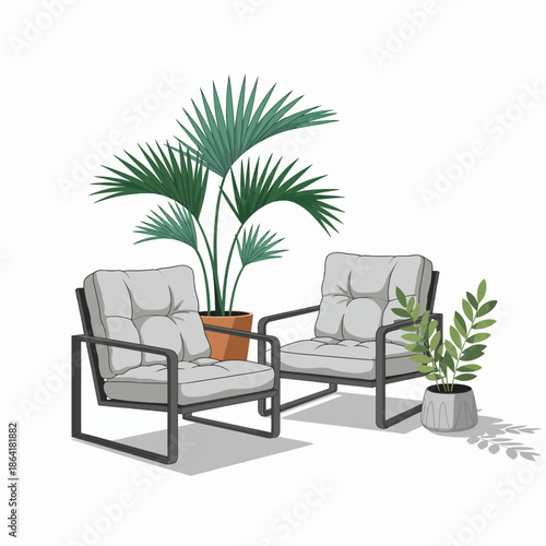This chic illustration presents a pair of modern outdoor chairs set against lush greenery and potted plants, creating an inviting atmosphere for relaxation and outdoor living.