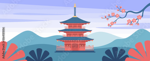 This picturesque image features a traditional pagoda surrounded by mountains and cherry blossoms, showcasing cultural heritage and the serene beauty of nature's landscapes.