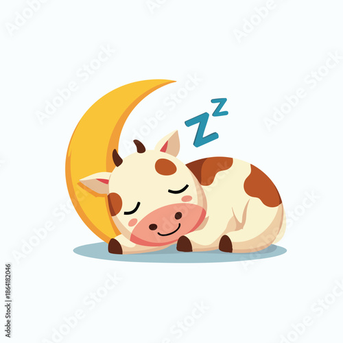 A cute cartoon baby cow with brown spots sleeping peacefully next to a yellow crescent moon with 'Zzz' above it.