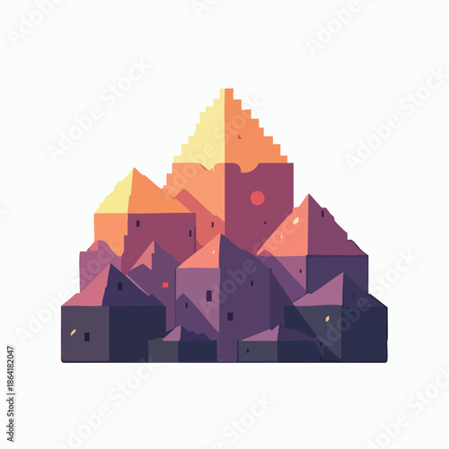 Stylized geometric illustration of a cluster of buildings with warm and cool color gradients, resembling a pixelated townscape.