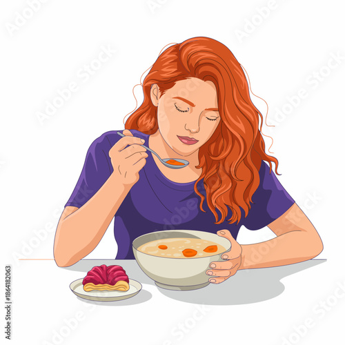 A woman with red hair is savoring a bowl of soup while using a spoon, accompanied by a delightful dessert on a plate, blending warmth and comfort in her meal.