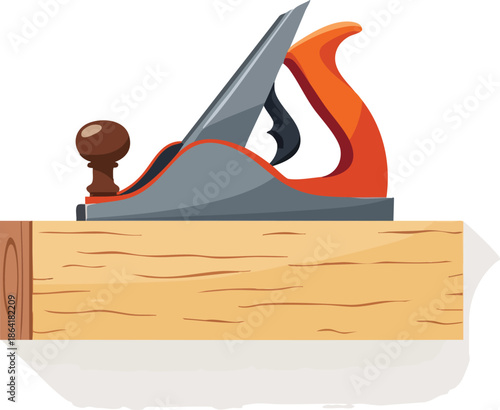 A hand plane woodworking tool resting on a piece of light-colored wood with visible grain.