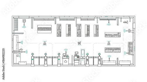 Detailed office floor plan with various rooms and furniture.