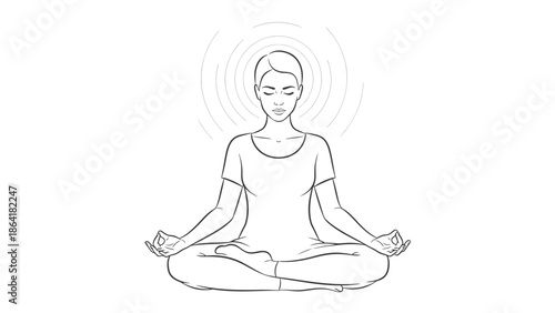 Woman meditating in lotus position with serene expression.