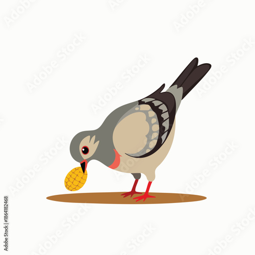 A cartoon pigeon with grey and beige feathers pecking at a small yellow object on the ground.