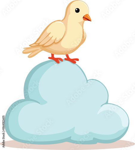 A cute cartoon light yellow bird with orange feet perched on a fluffy light blue cloud against a white background.