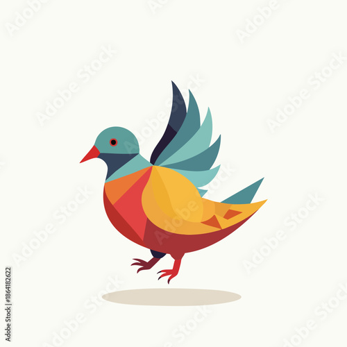 A colorful geometric bird illustration with abstract shapes and vibrant hues.