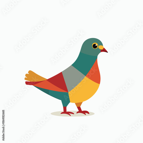 A vibrant, stylized pigeon illustration featuring a mosaic of colorful geometric shapes on a clean white background, depicted in a modern art style.