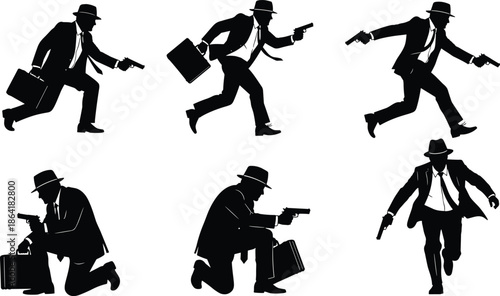 Set of black silhouettes of secret agent in suit and hat holding gun and briefcase, spy vector illustration collection