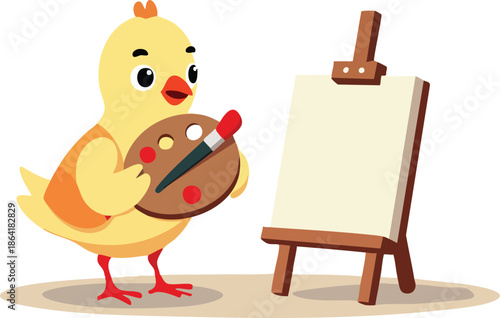 A cute yellow chick holding a paint palette and brush, standing next to an easel with a blank canvas, ready to create art.