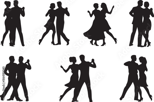 Silhouettes of romantic couple isolated on white background collection set. Happy couple dancing together vector silhouette set