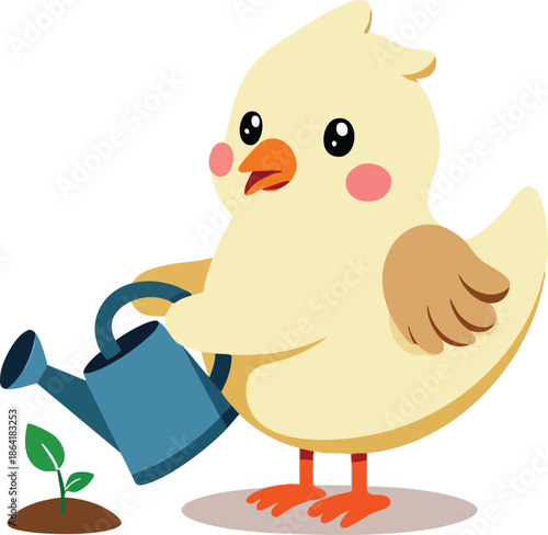 A cute cartoon chick watering a small green sprout with a blue watering can.