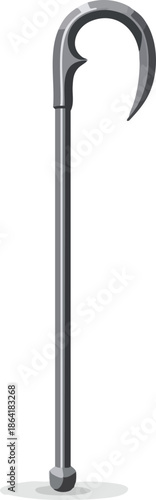 Single grey metallic walking stick with a decorative curved handle and a simple shaft, isolated on a white background.