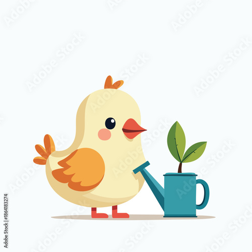 A cute cartoon yellow chick watering a small green plant in a blue watering can, on a white background.