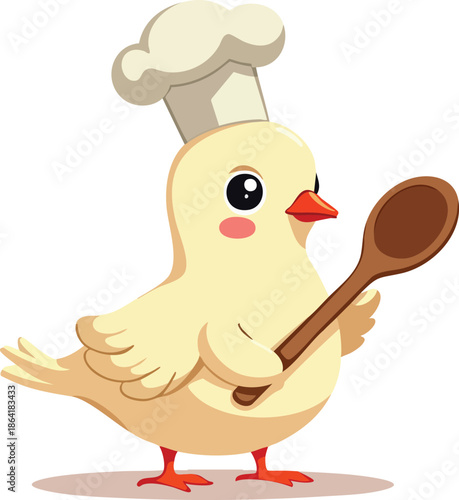 Cute cartoon chick wearing a chef's hat and holding a wooden spoon, ready to cook.