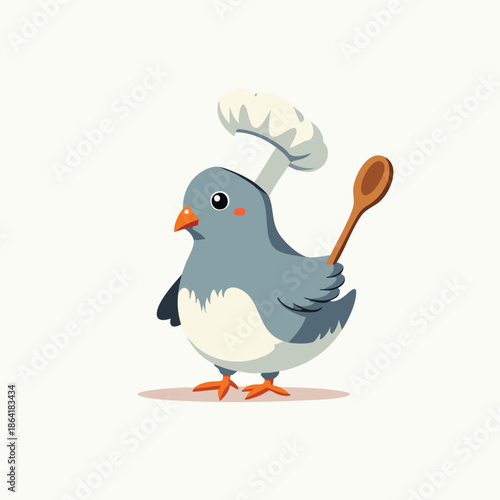 A charming cartoon pigeon wearing a white chef's hat and holding a wooden spoon, depicted in a simple, cute style on a plain background.