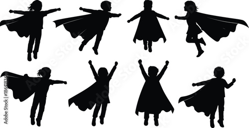 Set of kids superhero silhouettes with capes flying and jumping, creative children playing hero, imaginative childhood power, brave youth adventure illustration.