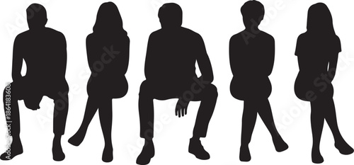 Sitting people silhouette Vector collection in PNG with black silhouettes of men and women and teenagers sitting on bench or chair business group in profile view isolated on Transparent background