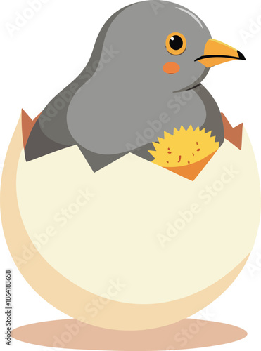 A cute grey baby bird with an orange beak hatching from a cracked white egg, symbolizing new life and beginnings.