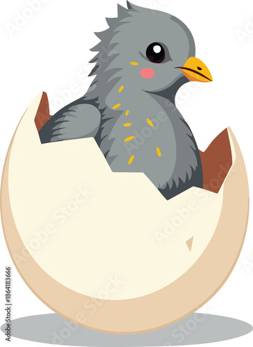 Cute cartoon baby bird with grey feathers and yellow beak hatching from a cracked egg, symbolizing new life and beginnings.