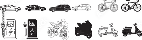 black and white vehicle and bicycle icons with electric fuel pump