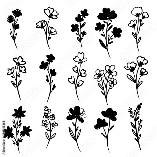 An exquisite vector array of minimalist floral doodles, hand-drawn with an ink brush aesthetic, perfect for delicate design elements and botanical accents